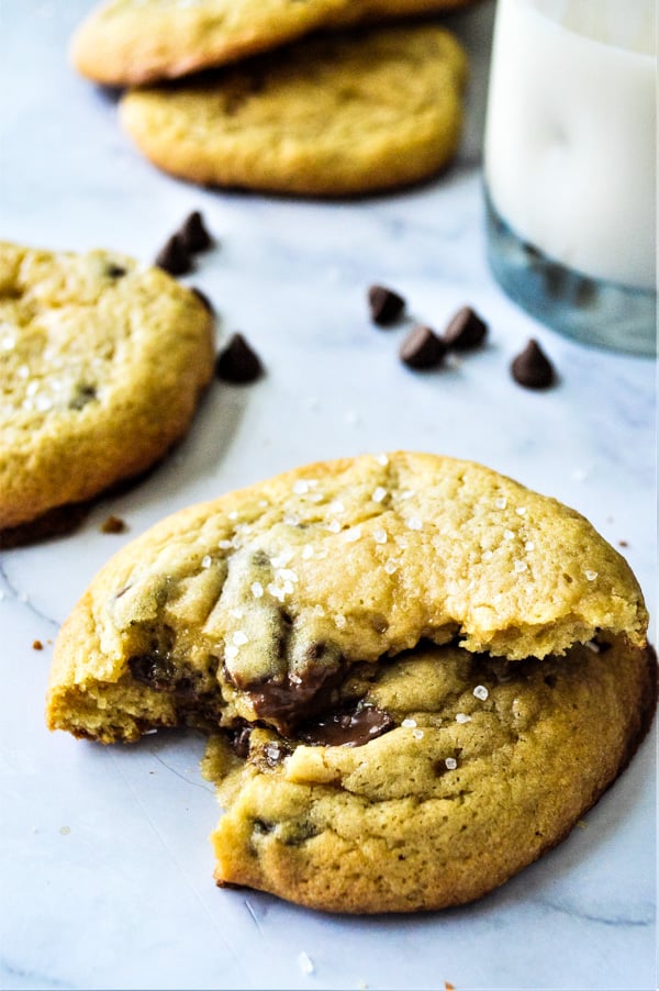 Sea Salt Brown Sugar Chocolate Chip Cookies split open to see melted chocolate chips