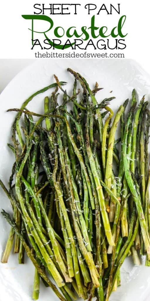 Sheet Pan Roasted Asparagus close up on white plater