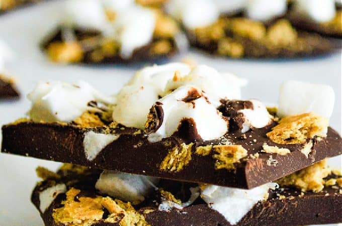 S'mores Bark close up stacked on top of each other.