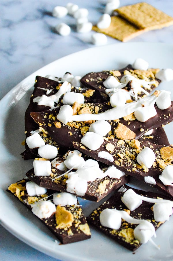 S'mores Bark stacked on white plate