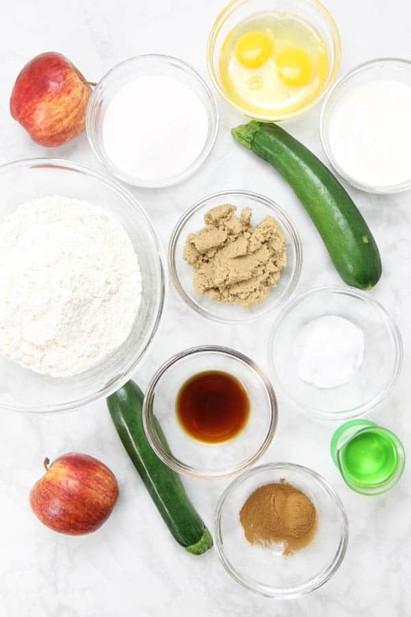 Apple Zucchini Bread ingredients in glass bowls