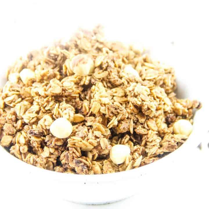 Chocolate Hazelnut Granola in white bowl