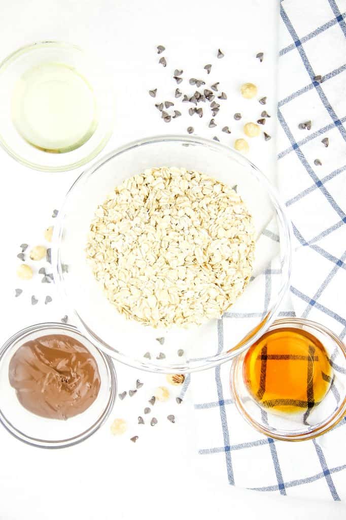 Chocolate Hazelnut Granola ingredients in glass bowls