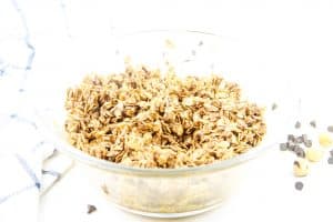 Chocolate Hazelnut Granola in glass bowl before cooking