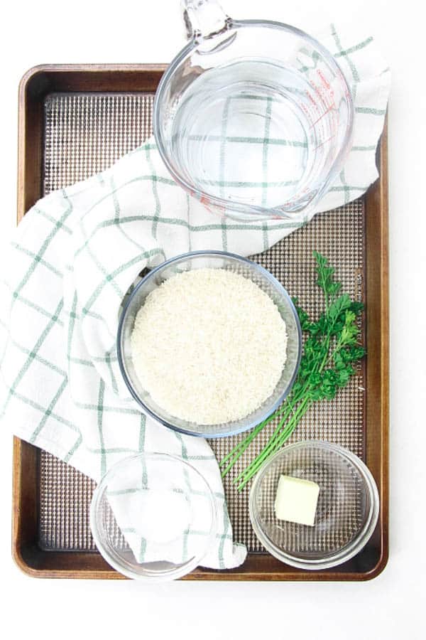 Instant Pot Basmati Rice ingredients on brown cookie sheet