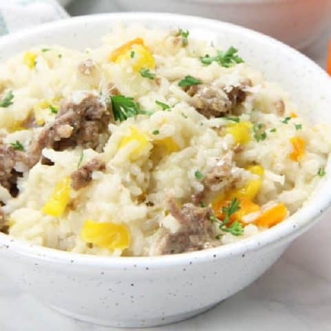 Instant Pot Sausage and Peppers Risotto in bowl