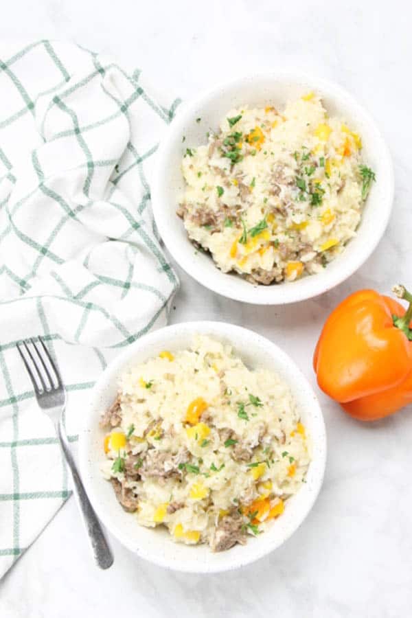 Instant Pot Sausage and Peppers Risotto overhead view in bowl