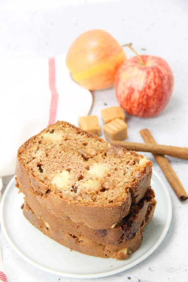 Caramel Apple Bread stacked on white plate