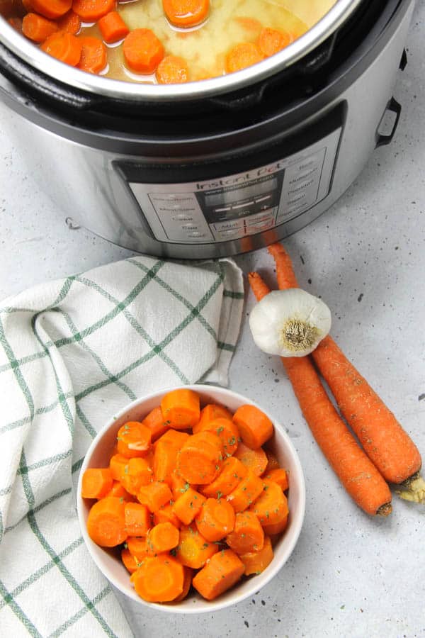 Instant Pot Carrots overhead view in bowl and in instant pot