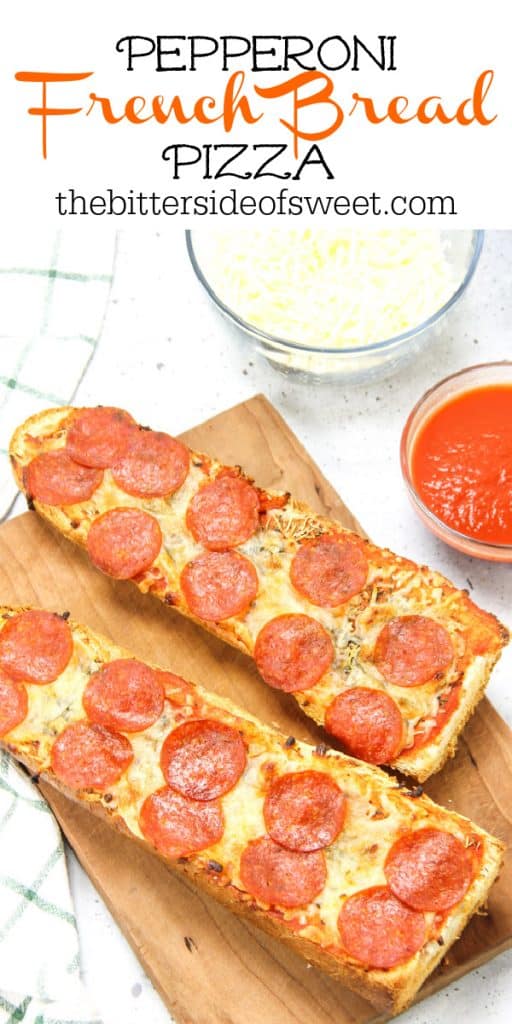 Pepperoni French Bread Pizza on cutting board cooked with cheese and sauce
