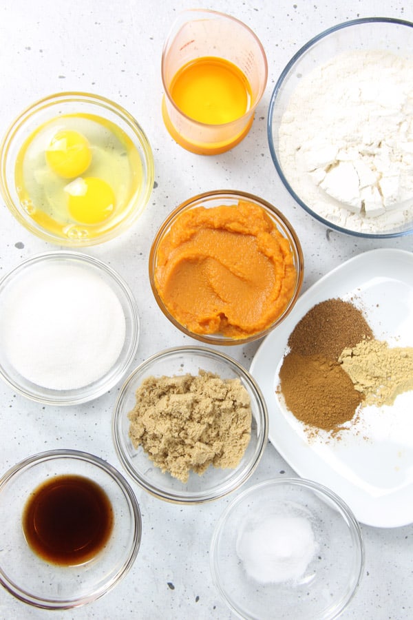 Pumpkin Bread ingredients in glass bowls