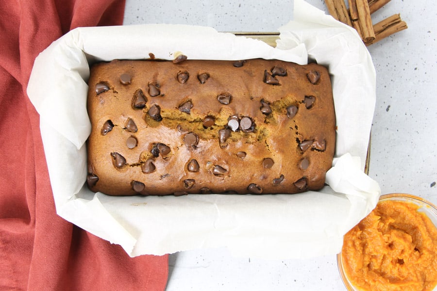 Chocolate Chip Pumpkin Bread baked in loaf pan
