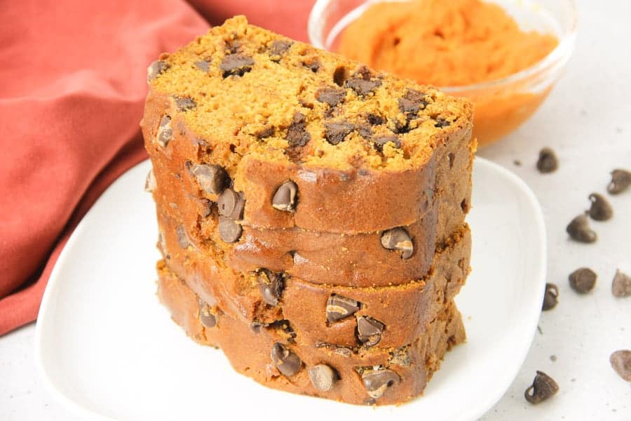 Chocolate Chip Pumpkin Bread on white plate