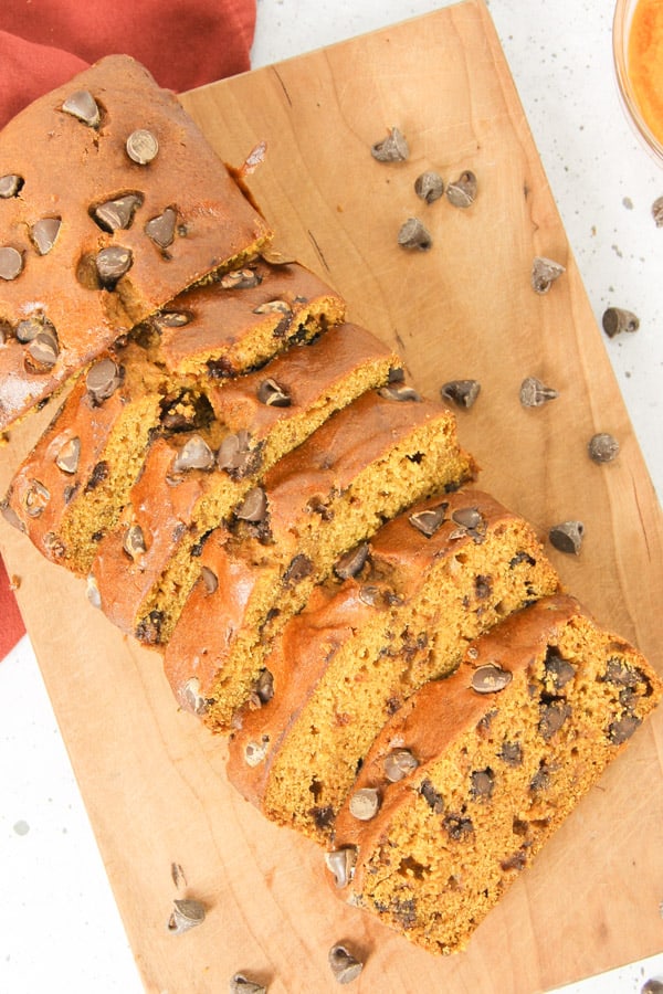 Chocolate Chip Pumpkin Bread on cutting board