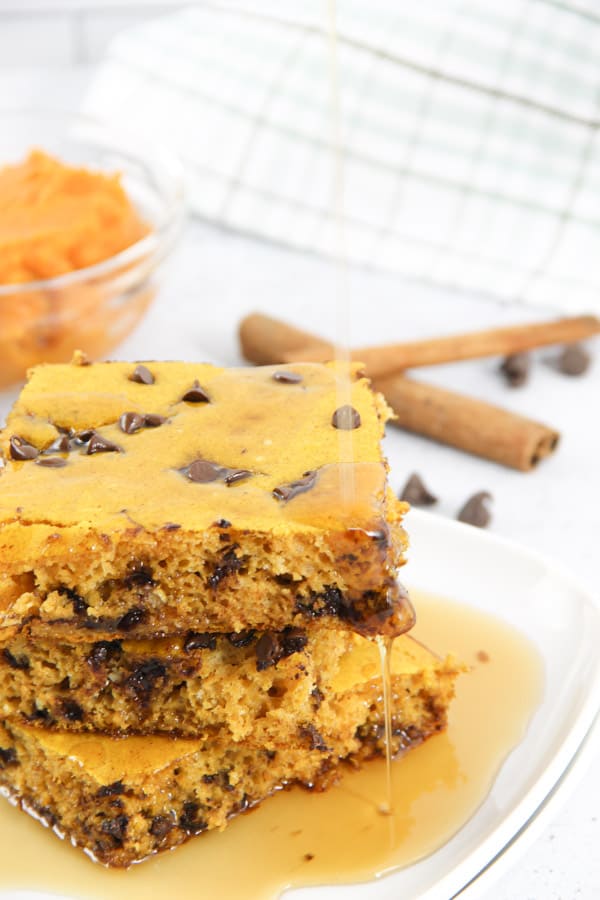 Chocolate Chip Pumpkin Sheet Pan Pancakes with syrup