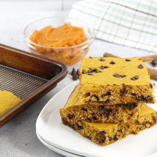 Chocolate Chip Pumpkin Sheet Pan Pancakes on white plate