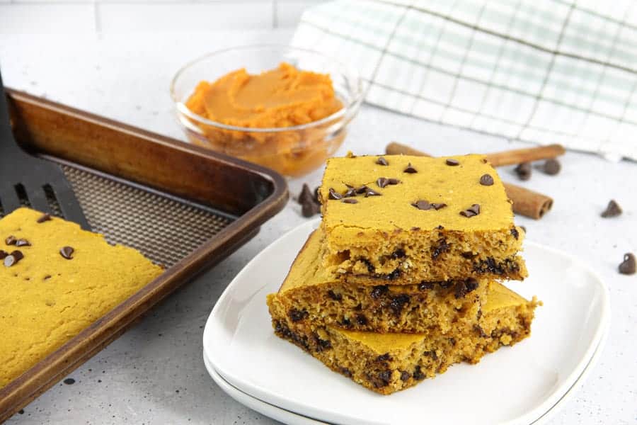 Chocolate Chip Pumpkin Sheet Pan Pancakes on white plate