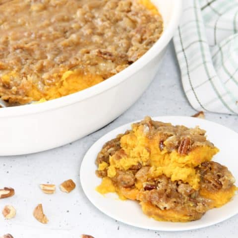 Easy Sweet Potato Casserole on white plate