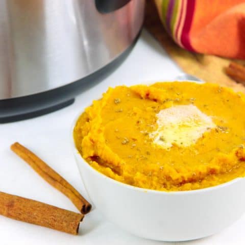 Instant Pot Mashed Sweet Potatoes with Cinnamon in white bowl