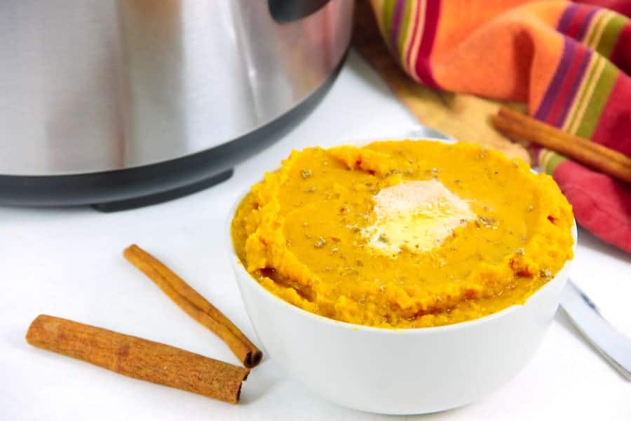 Instant Pot Mashed Sweet Potatoes with Cinnamon in white bowl