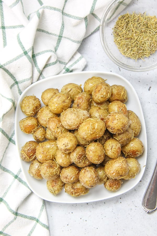 Roasted Rosemary Potatoes overhead shot on white plate