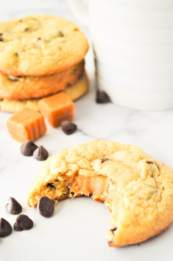 Chocolate Chip Caramel Cookies on white background