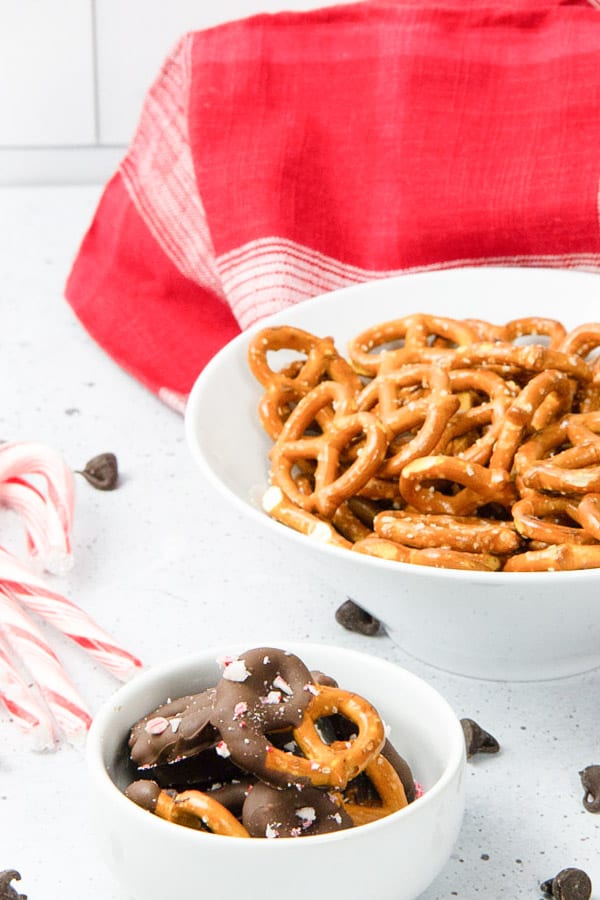 Peppermint Chocolate Dipped Pretzels in white bowl