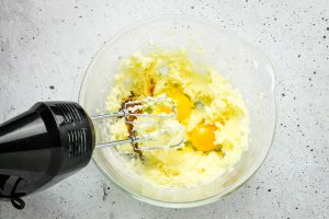 Mixed in glass bowl with eggs and vanilla
