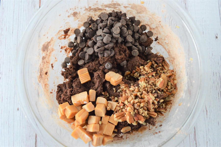 Chocolate Turtle Cookies with chopped pecans, caramels and chocolate chips.