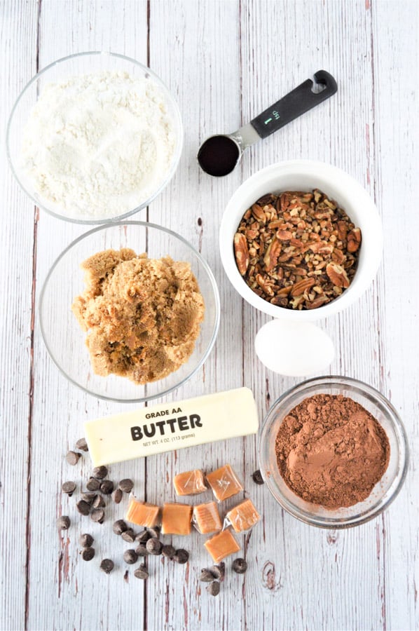 Chocolate Turtle Cookies ingredients in bowls
