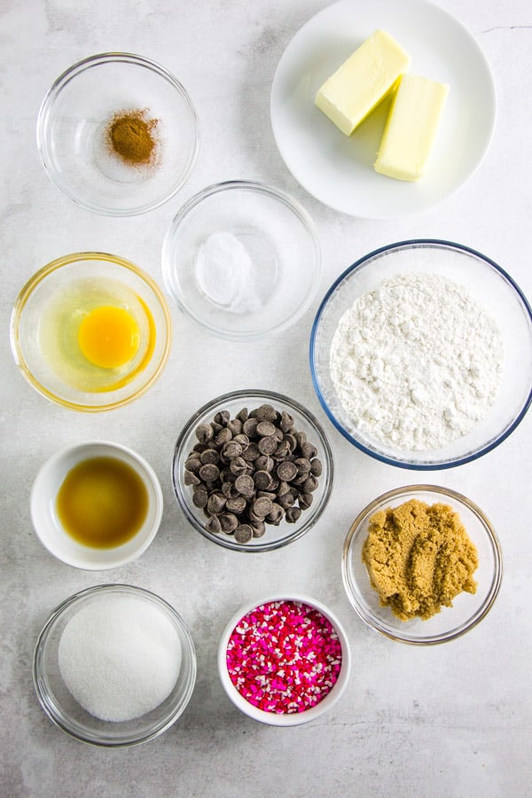 Dark Chocolate Cookie Cake ingredients in bowls