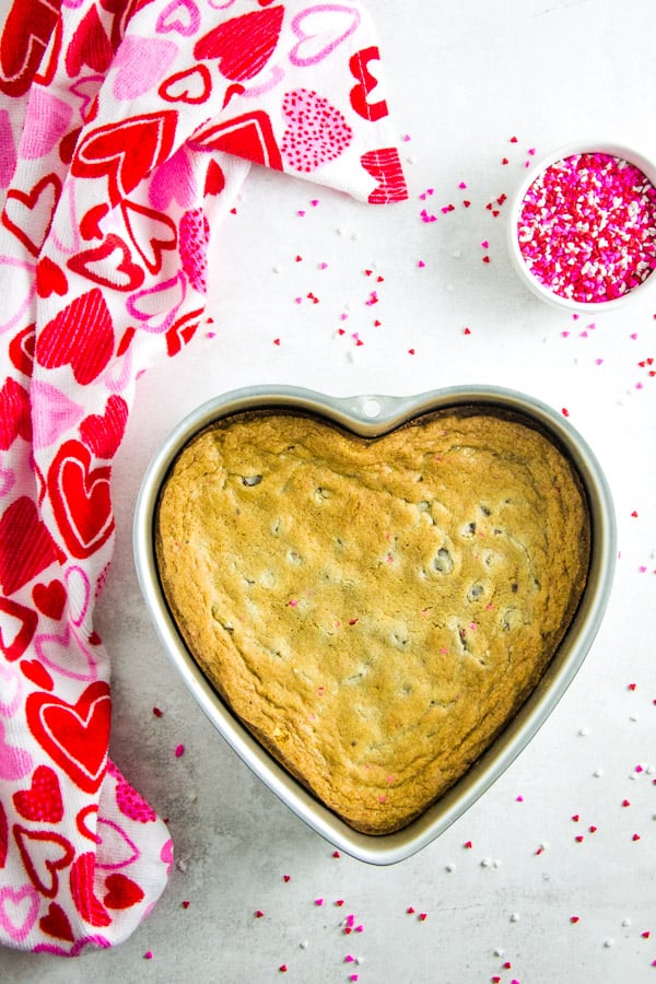 Dark Chocolate Cookie Cake in heart shaped pan