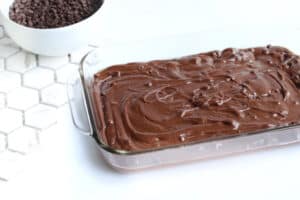 uncooked brownies in glass dish.