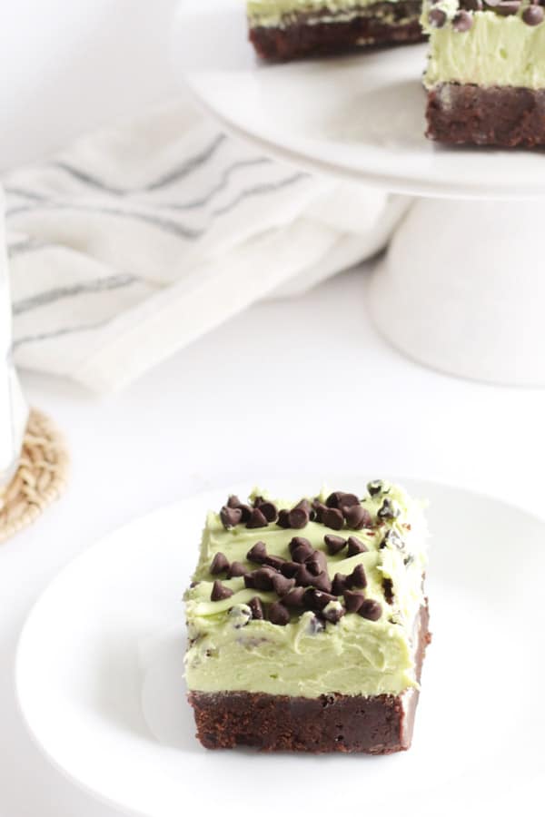 Mint Chocolate Chip Brownies single slice on white plate.