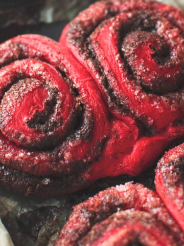 Red Velvet Cinnamon Rolls in pan