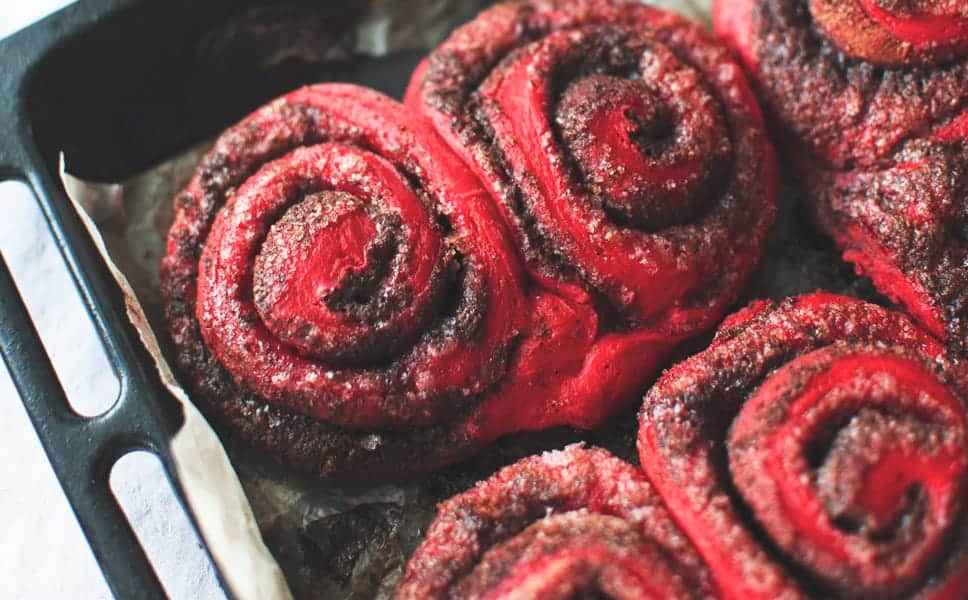 Red Velvet Cinnamon Rolls in pan