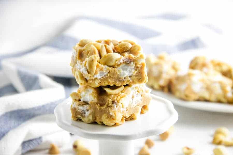 close up of salted nut roll bars on stand