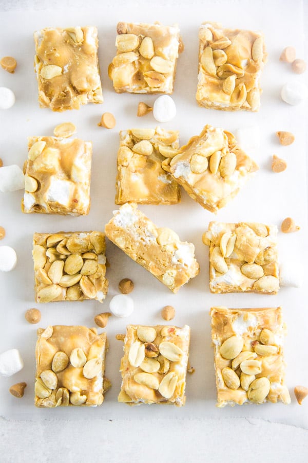 Salted Nut Roll Bars on parchment paper