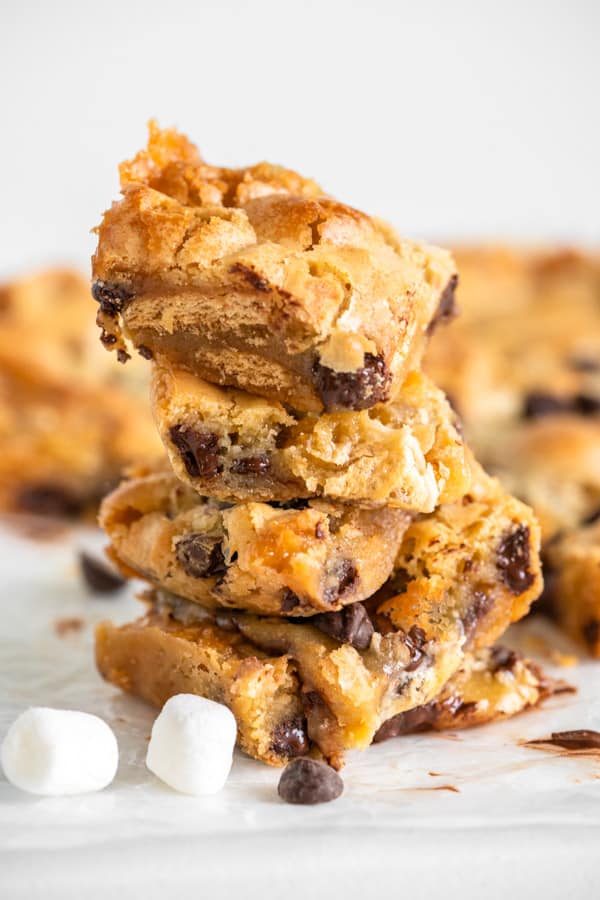 S'mores Blondies stacked on top of each other.