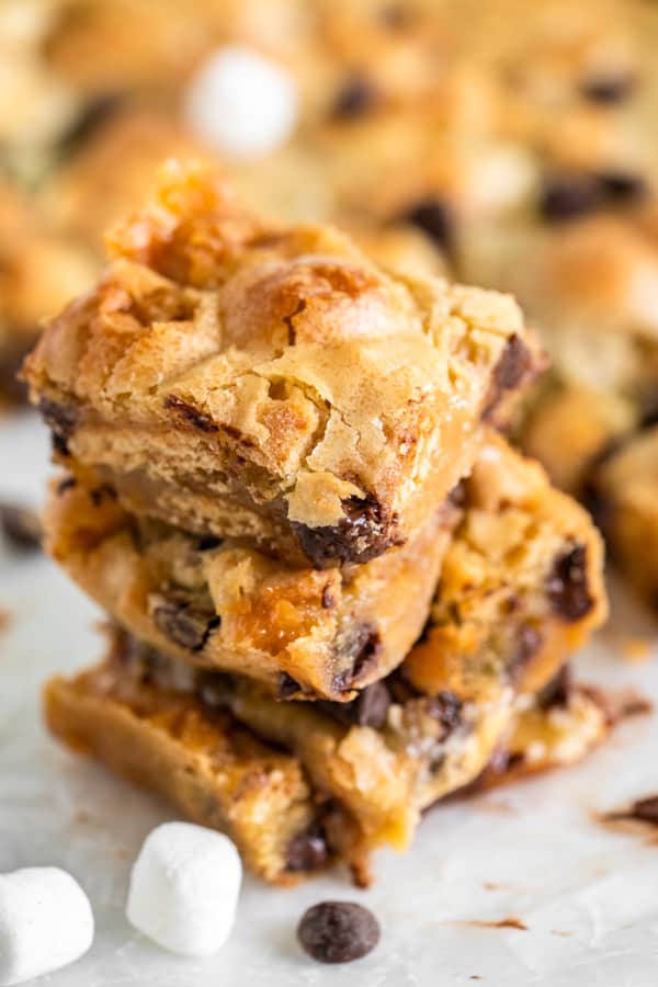 S'mores Blondies on white background stacked.