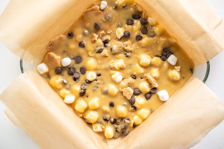 uncooked blondies in pan.