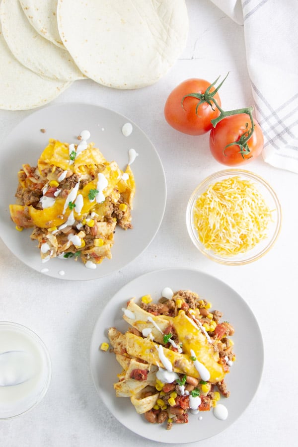 overhead view of taco skillet on plates.