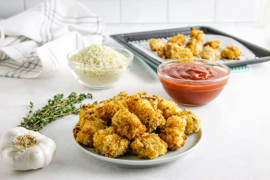 air fryer fish nuggets on plate.