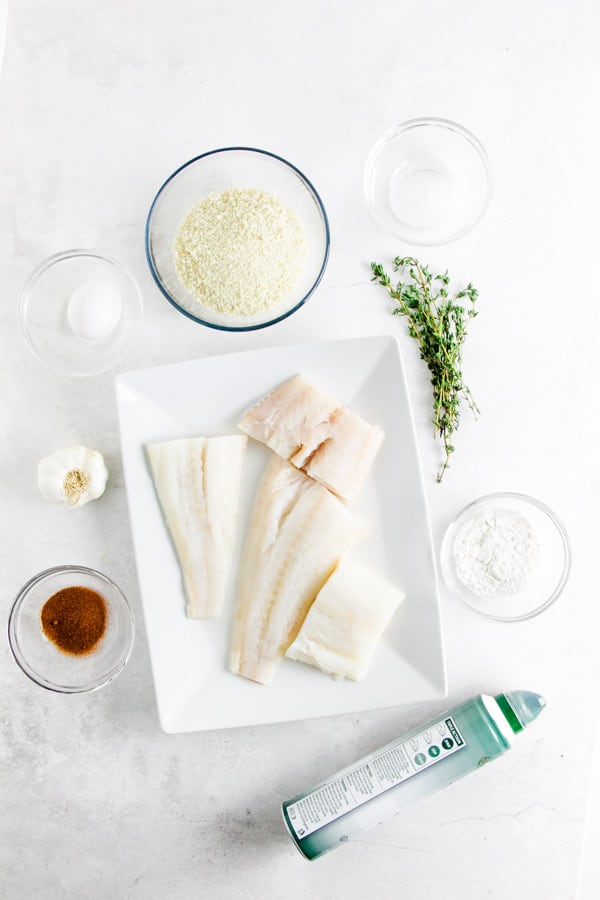 ingredients for air fryer fish nuggets on plate.