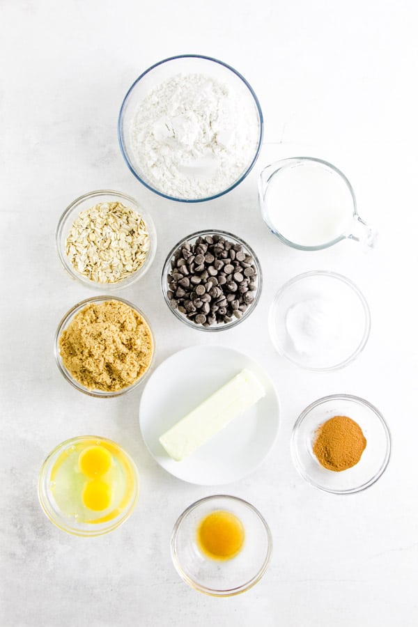 Ingredients in bowls for Chocolate Chip Oatmeal Muffins.