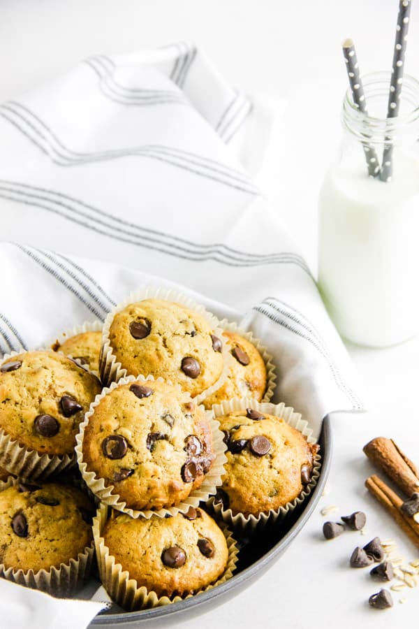 muffins stacked in gray bowl.