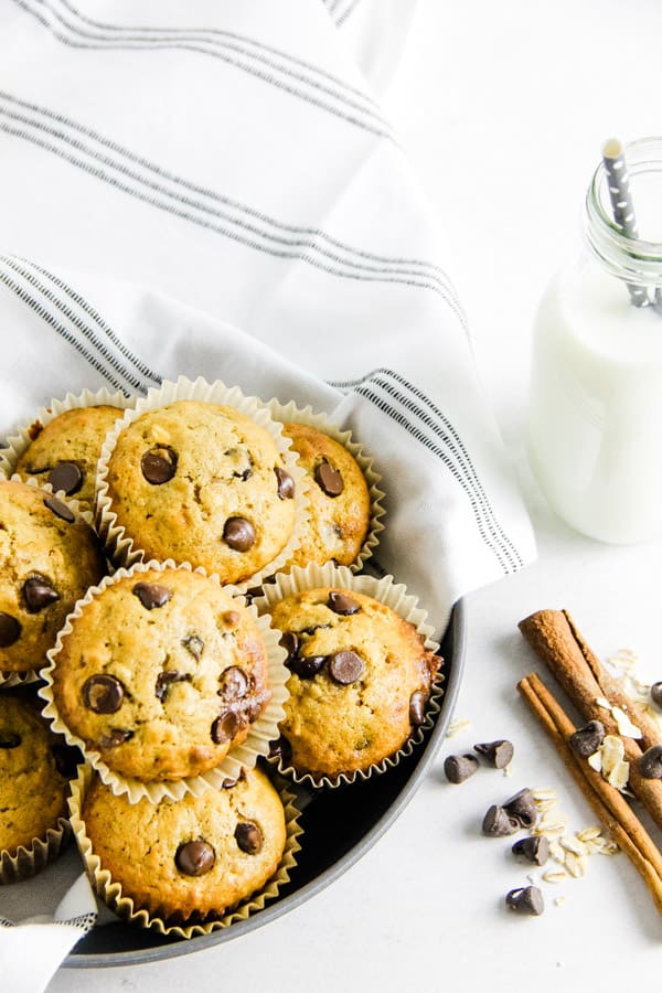 muffins stacked in gray bowl with glass of milk.