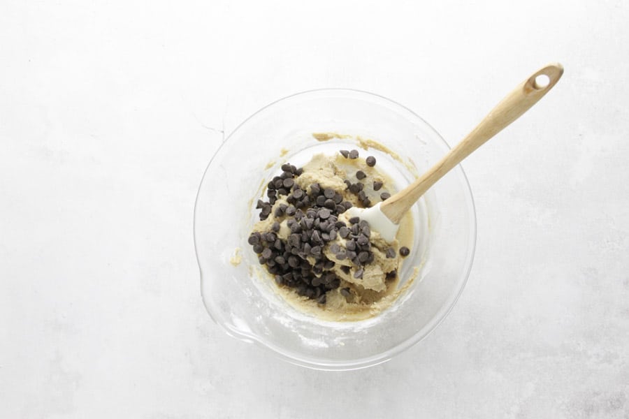 chocolate chips in glass bowl.