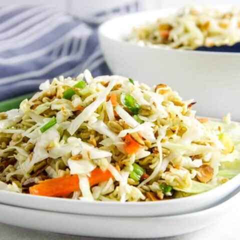 Easy Ramen Salad on white plate.