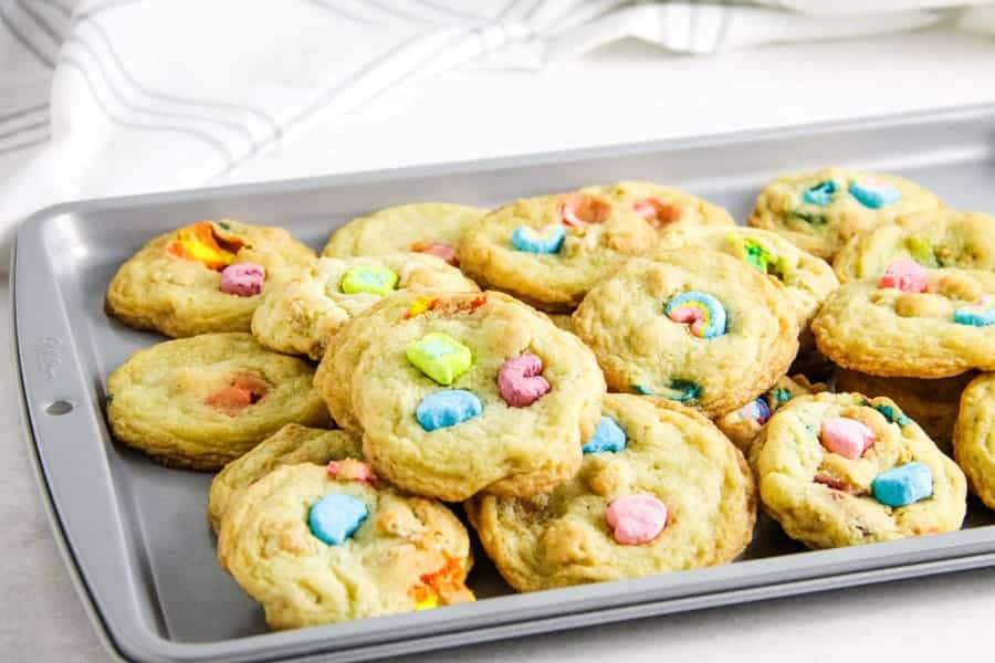 Lucky Sugar Cookies stacked on tray.